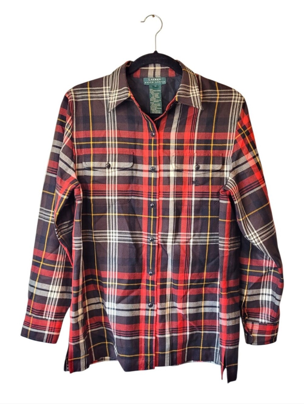 Lauren Ralph Lauren 100% Worsted Wool Red Plaid Lightweight Flannel Shirt M